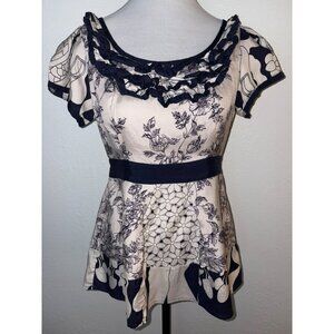 Baraschi Silk & Cotton Floral Blouse With Ruffle Details Size 8